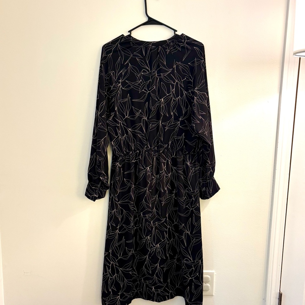 A New Day long-sleeve collared button-up midi dress in black with a leaf print